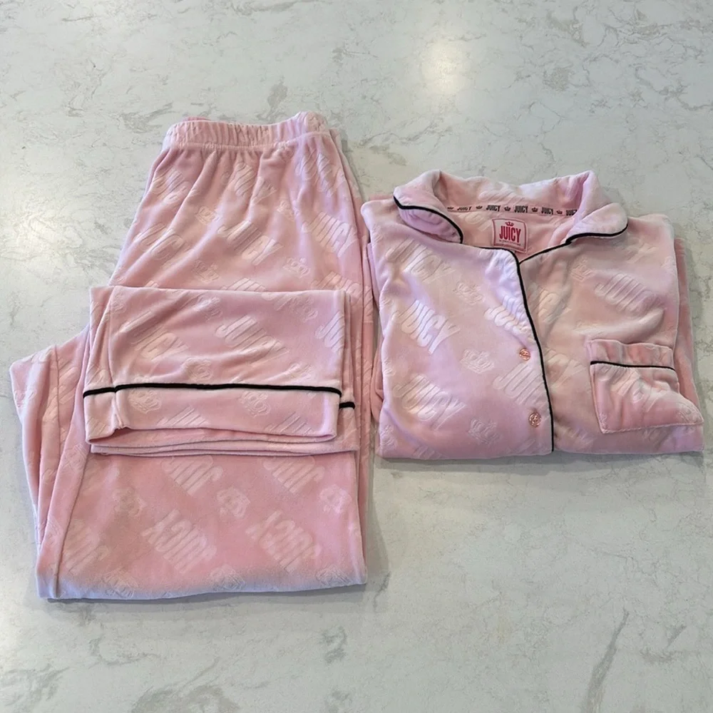 Juicy Couture Pink Polyester Button Down Blend Pajama Set Women’s Large